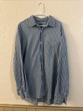 GAP Blue and White Vertical Stripe Denim Button-Down Shirt